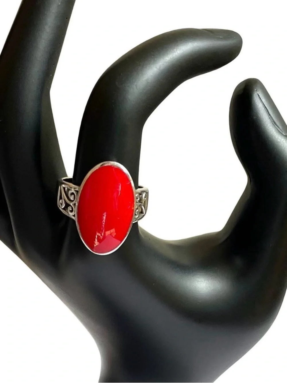 Vintage Sterling Silver And Coral Ring Size 8